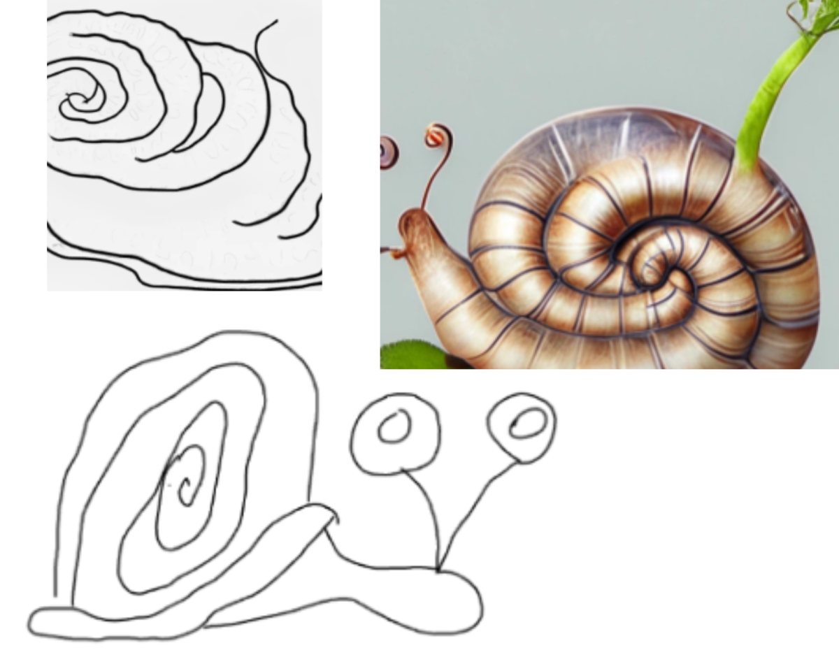 “Snail Art” (bottom left) drawn by human Maddison DeLano on October 14th, 2024. AI generated art also included for comparison (top left and top right).