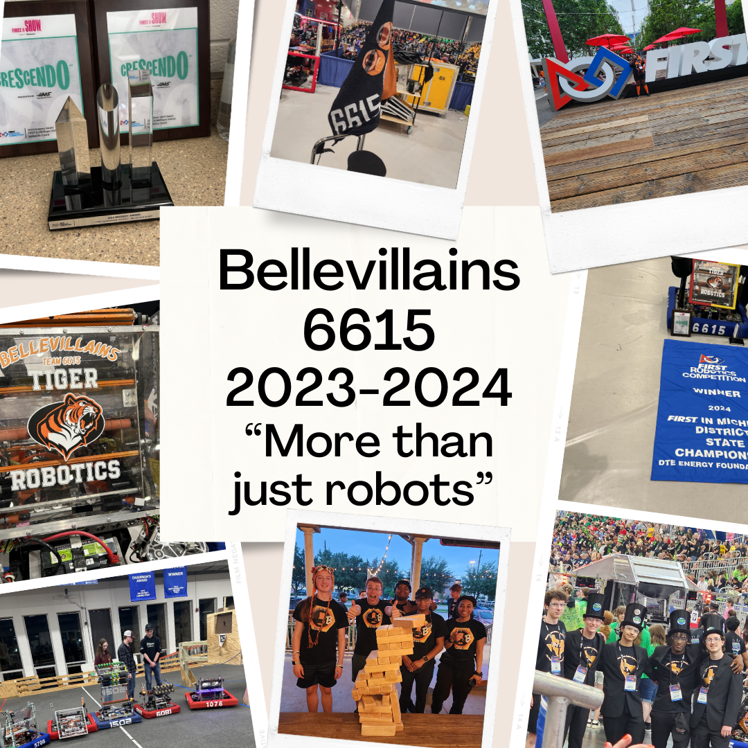 A collage full of photos of Team 6615 the Bellevillans. These photos are from their time at the practice fields in Chelsea, MI and competitions at Saginaw and Texas.