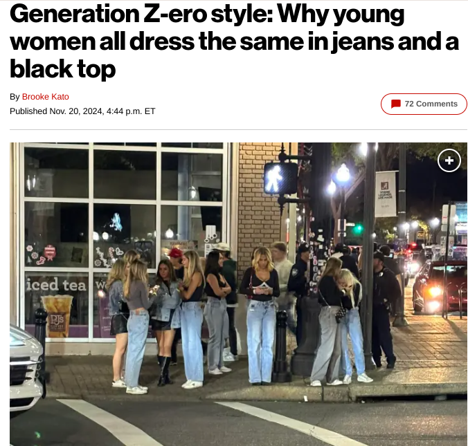 Brooke Kato's article on gen-z fashion showcasing a picture of a group of girls wearing similar outfits. This has sparked debate among many, the issue of dressing the same taking away from individuality and creativity.