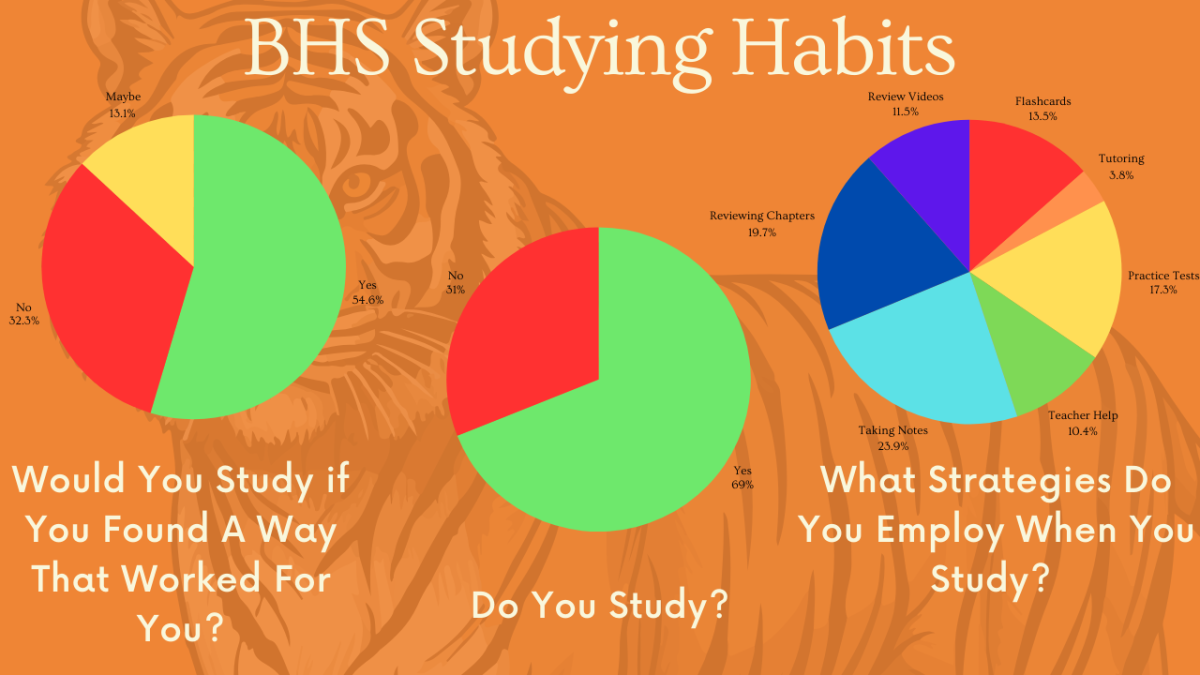 Infographic displaying the statistics of BHS students' studying habits. A survey was sent to the student population and recieved 196 responses. 