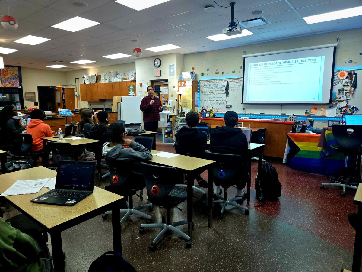 Photo of Anthony Stetzenmeyer speaking to his AP Chem class discussing his favorite memories over the year. Taken 05/08/25 at 8:38 AM