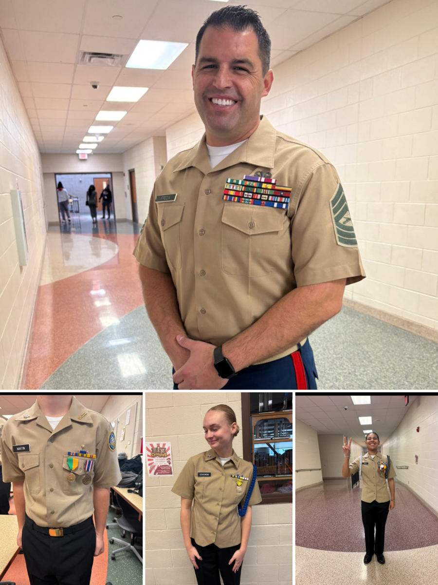 Naval Instructor Master-Sergeant Dominic Freda stands proud showing off his Marine Corps uniform pride and Cadets, Karma Daniels, Abigail Chichowski, and Alex Martin stands proud with their uniforms on their first inspection day.