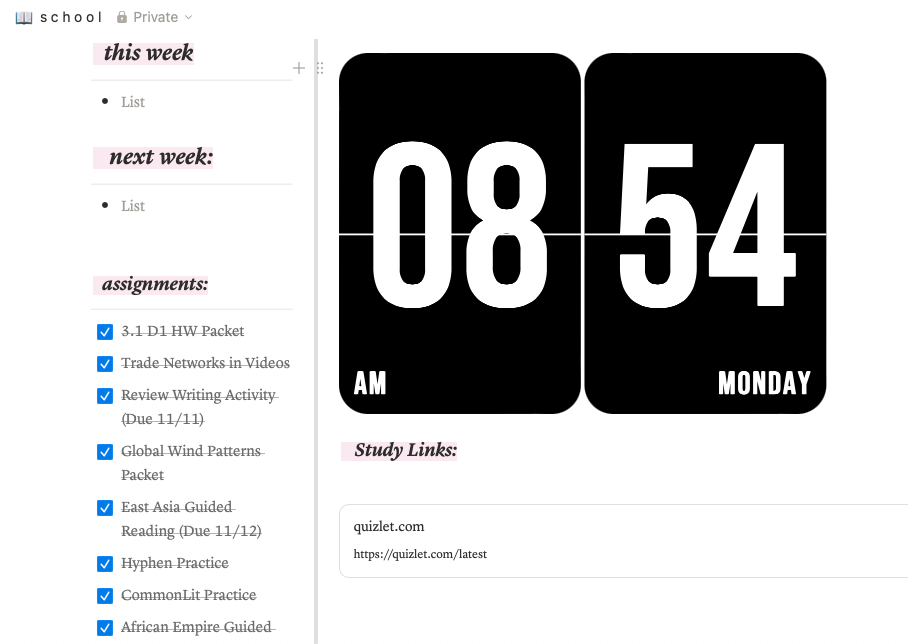 Screenshot of a personal student planner on Notion.