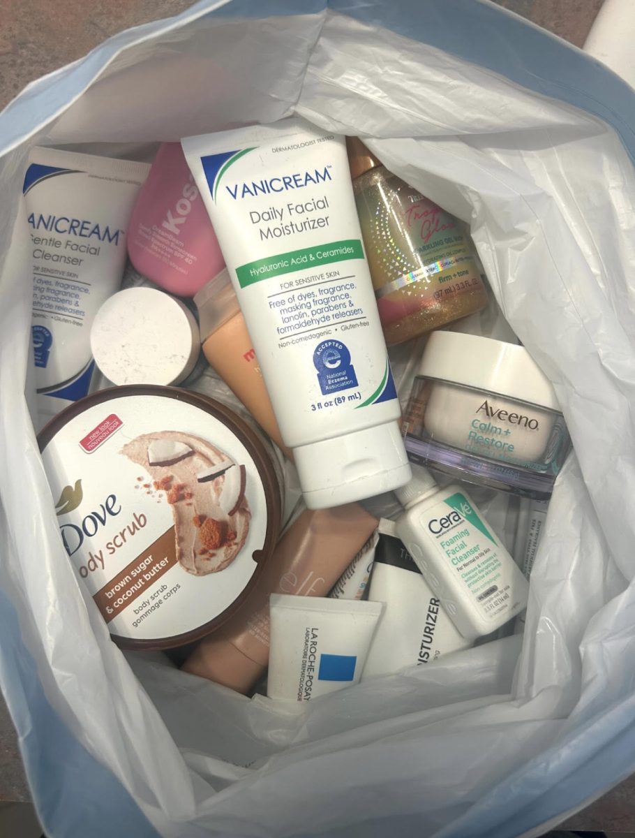 Several full products stored in a waste basket, exhibiting consumerism behavior. 