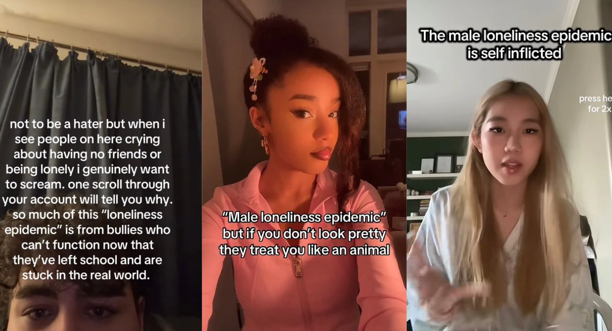Screenshots of various TikTok users speaking of the male loneliness epidemic taken by Neveah Oneal on January 14th, 10:00 PM and edited into a collage on Canva. Each video speaks ill of the male loneliness epidemic in view of the main demographic complaining about it being red-pilled/misogynistic men.
