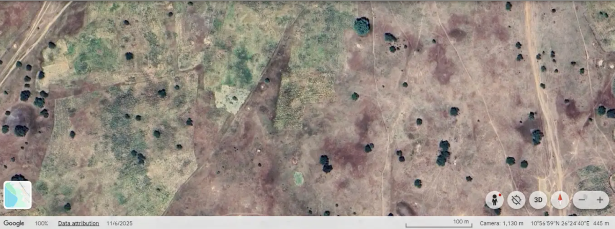 Screenshot of Google Earth exhibiting exact coordinates of Kumia, Sudan taken by Neveah Oneal January 13th, 2026 at 5:56 PM. Satellite imagery from Google Earth displays red patches, speculated by many to be the blood of Sudanese victims of the RSF. Other instances of confirmed imagery of blood heighten the suspicion that blood can seen from Kumia, Sudan on Google Earth. 