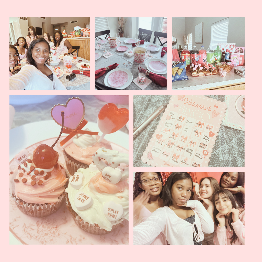Collage of Galantine's Day party photos taken by Neveah O'Neal featuring party decor, photos with friends, games to play, and cupcake decor.
