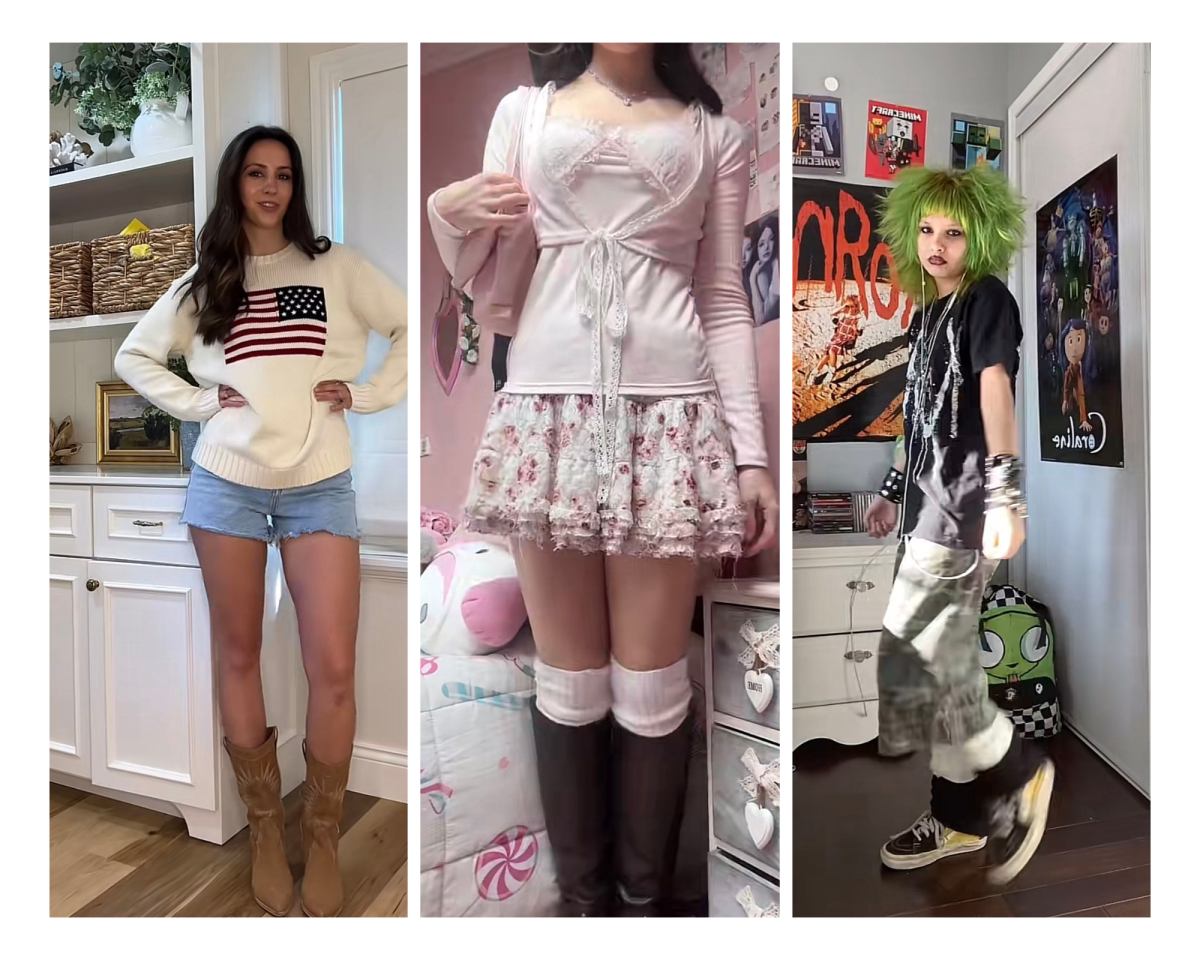 Three-photo collage Canva image created by Neveah Oneal of screenshots of TikTok creators @kathleentydrich, @v4mpirefangs, and @mymuirose wearing various styles including punk, shabby-chic, and minimalist fashion. Each style exudes a certain vibe that come from our own pre-conceived ideas of what certain people with certain beliefs look like, showing how politics and fashion interlink.