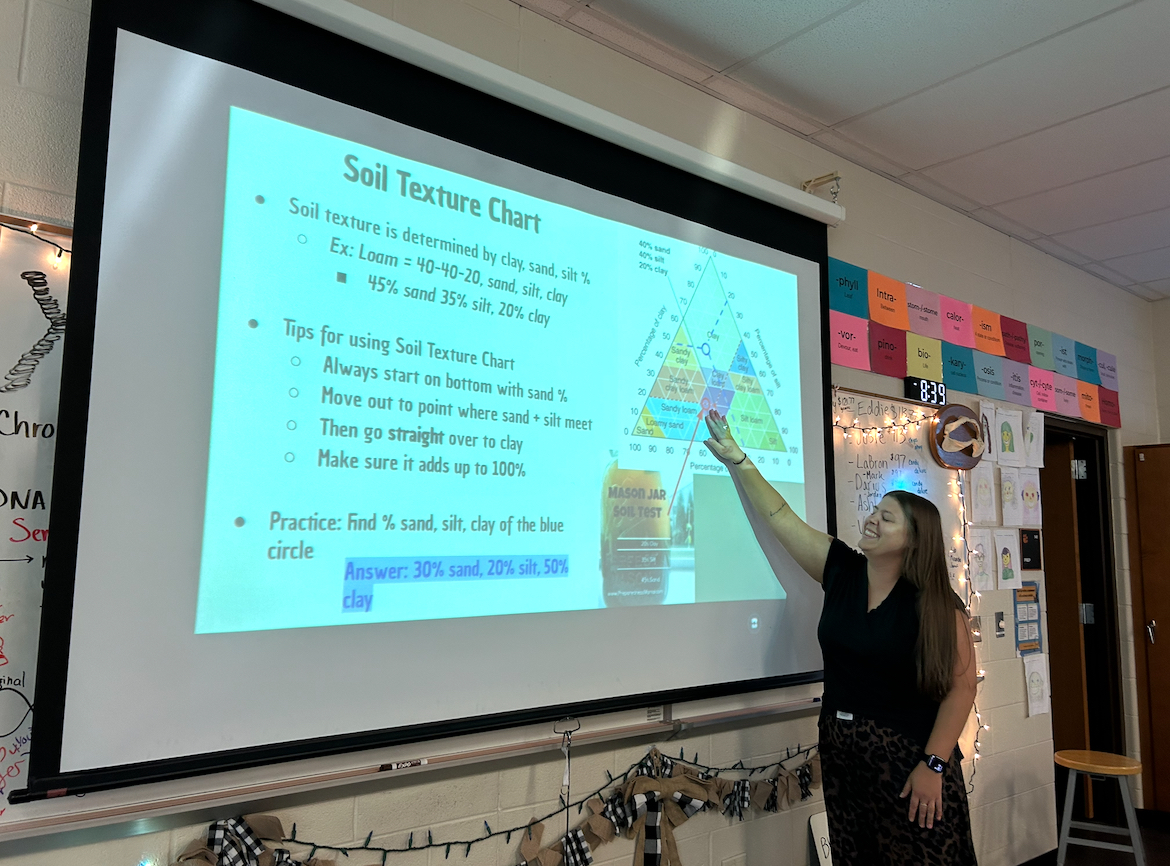 Belleville High School AP Environmental Science teacher Ms. Berger teaching a class about Unit 4, soil texture and composition.