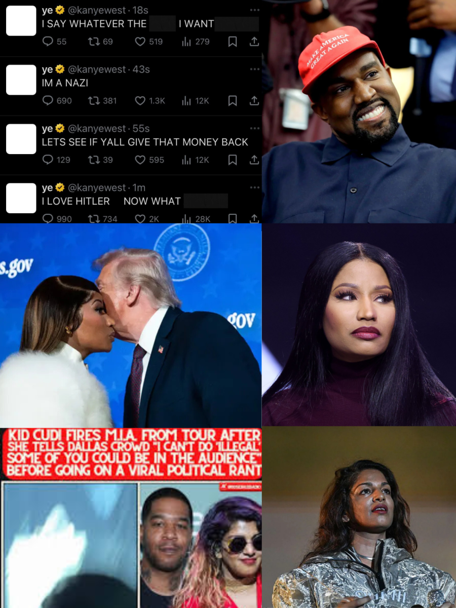 Kanye West, Nicki Minaj, and M.I.A, shown on a Canva graphic that have had major controversies.