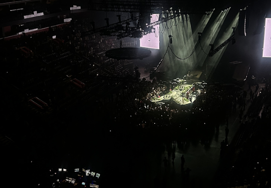 Don Toliver's stage at Little Caesar's Arena in Detroit, Michigan being set before he comes out to perform.